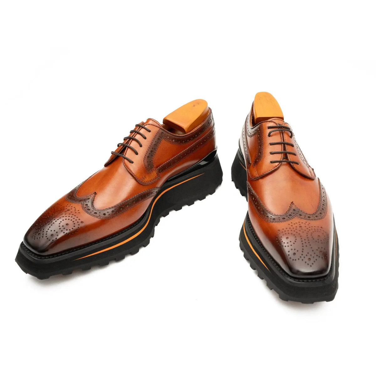 Thick-soled calfskin formal brogue derby shoes Brown - Pendo Store
