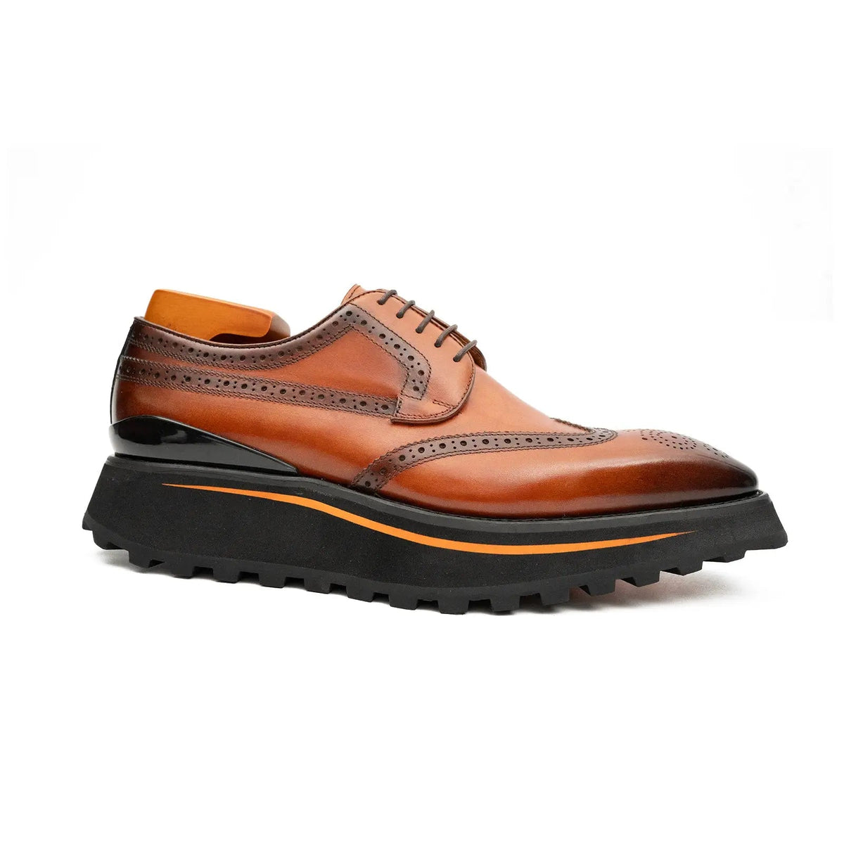 Thick-soled calfskin formal brogue derby shoes Brown - Pendo Store