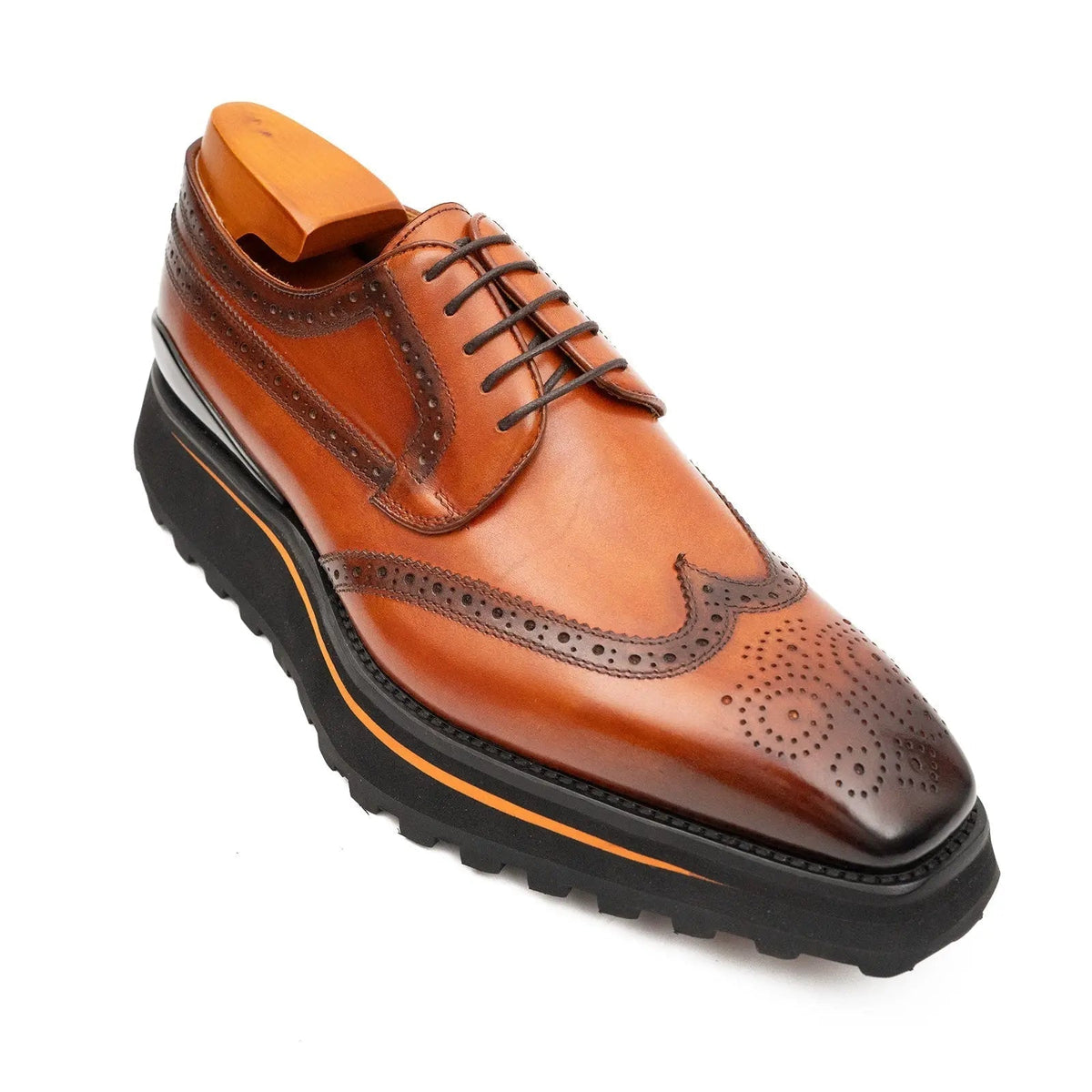 Thick-soled calfskin formal brogue derby shoes Brown - Pendo Store