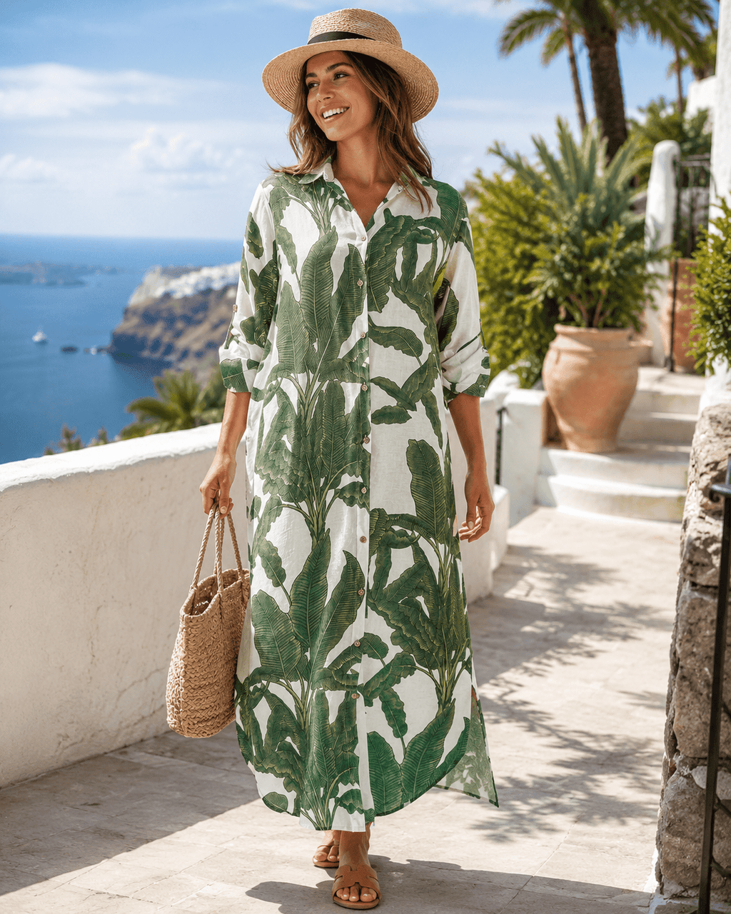 Tropical Palm Leaf Button-Down Midi Dress - Resort and Spring Collection - Pendo Store