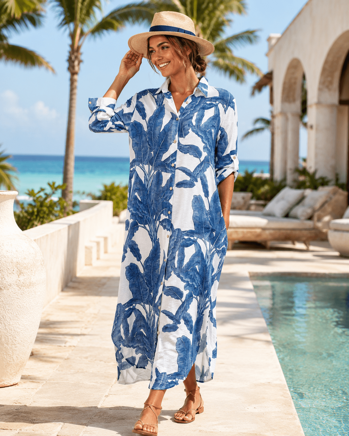 Tropical Palm Leaf Button-Down Midi Dress - Resort and Spring Collection - Pendo Store