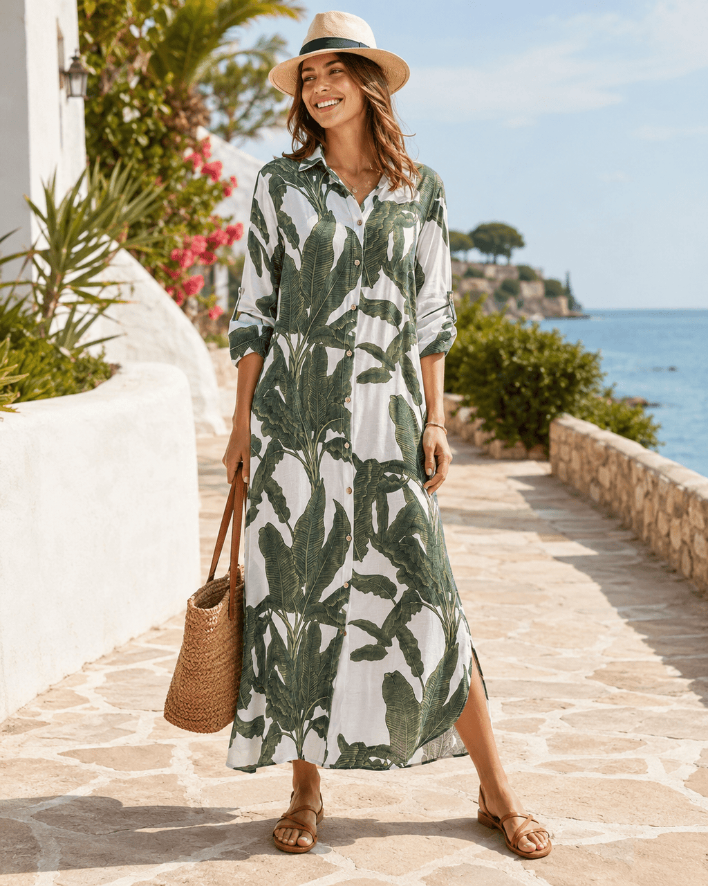 Tropical Palm Leaf Button-Down Midi Dress - Resort and Spring Collection - Pendo Store