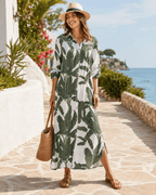 Tropical Palm Leaf Button-Down Midi Dress - Resort and Spring Collection - Pendo Store