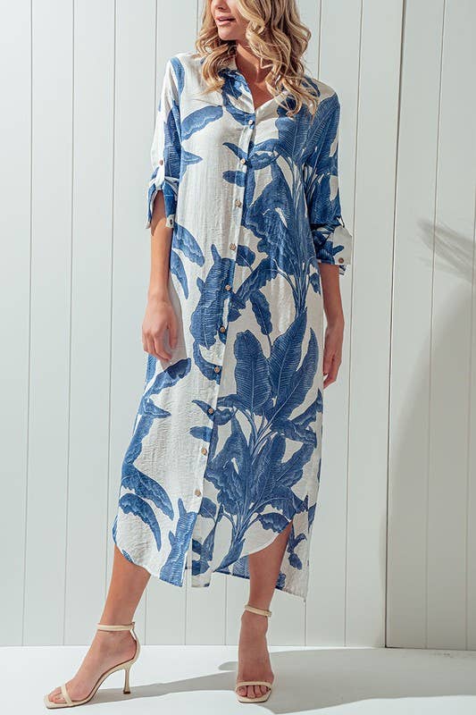 Tropical Palm Leaf Button-Down Midi Dress - Resort and Spring Collection - Pendo Store