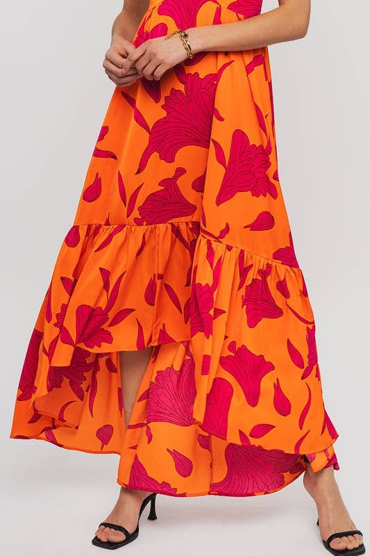 Vibrant Fire Floral High Low Maxi Dress - Pendo Store