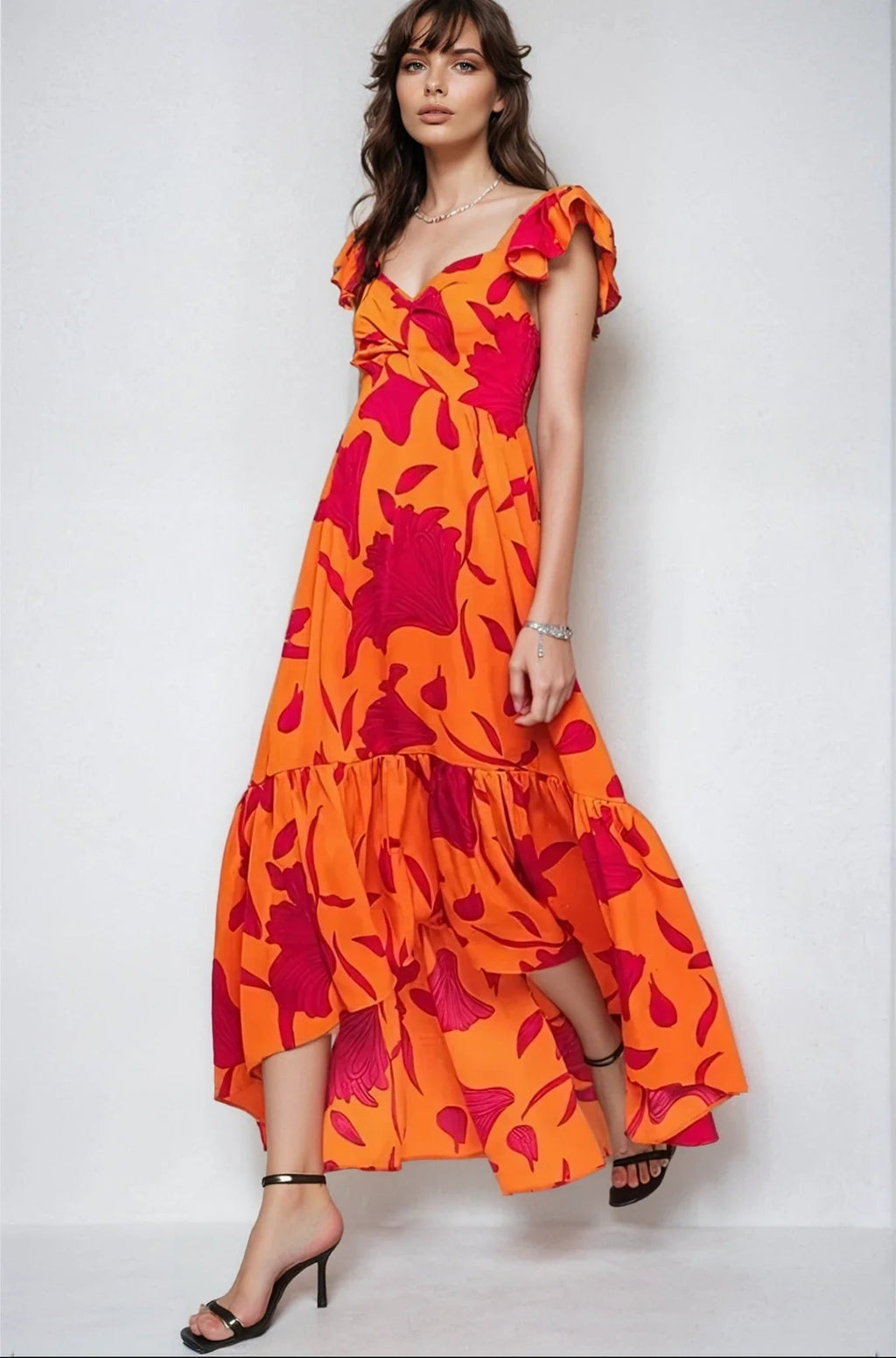 Vibrant Fire Floral High Low Maxi Dress - Pendo Store