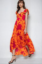 Vibrant Fire Floral High Low Maxi Dress - Pendo Store