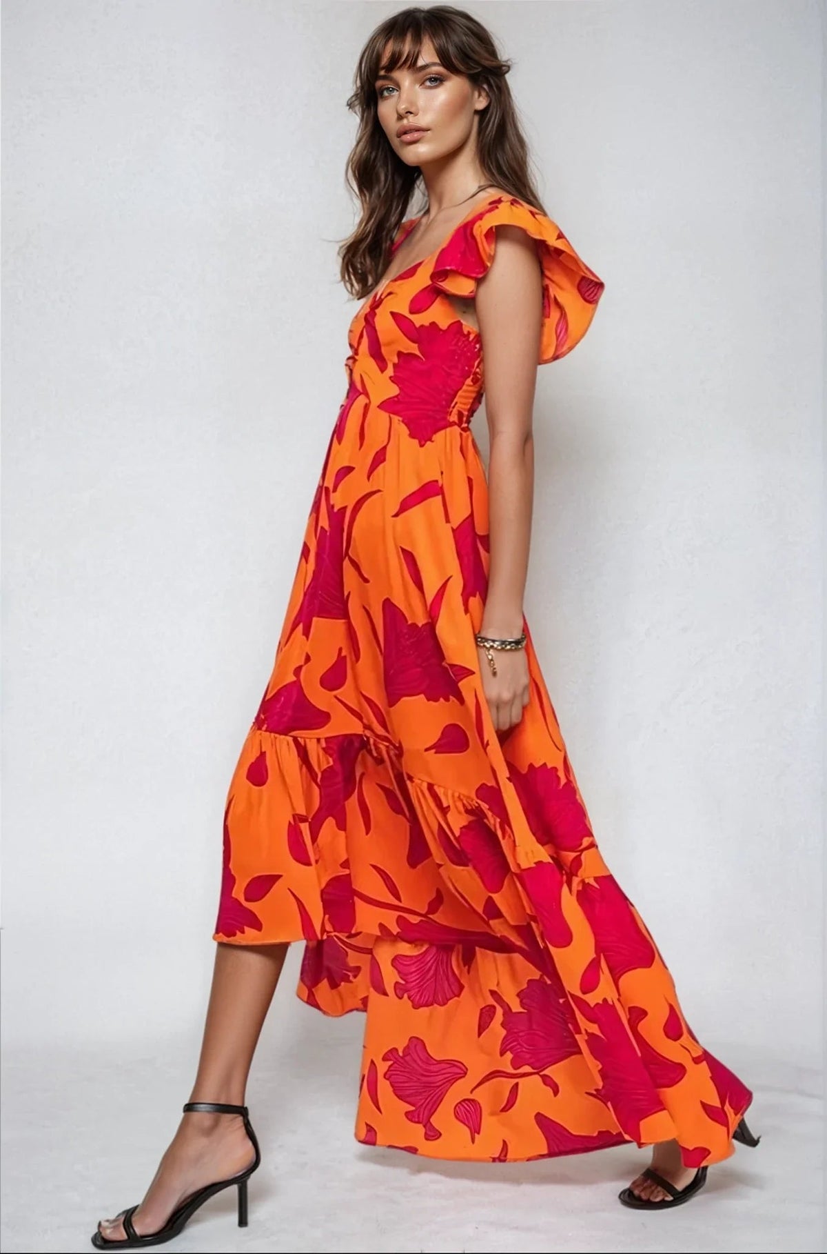 Vibrant Fire Floral High Low Maxi Dress - Pendo Store