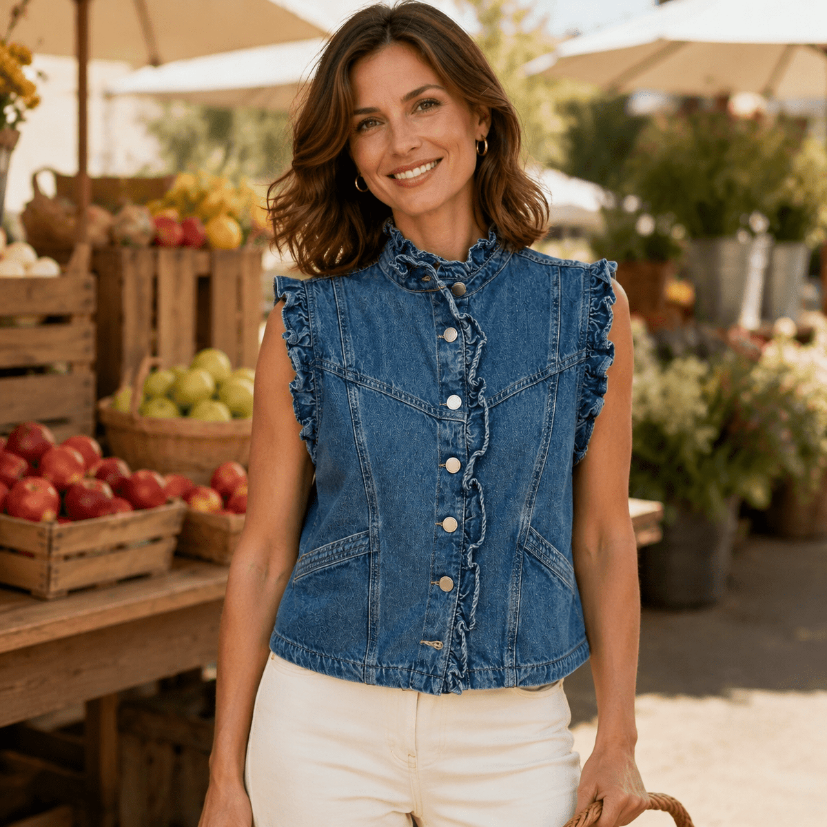 Victorian Muse Ruffle-Trim Denim Vest – High Collar Statement Layer - Pendo Store