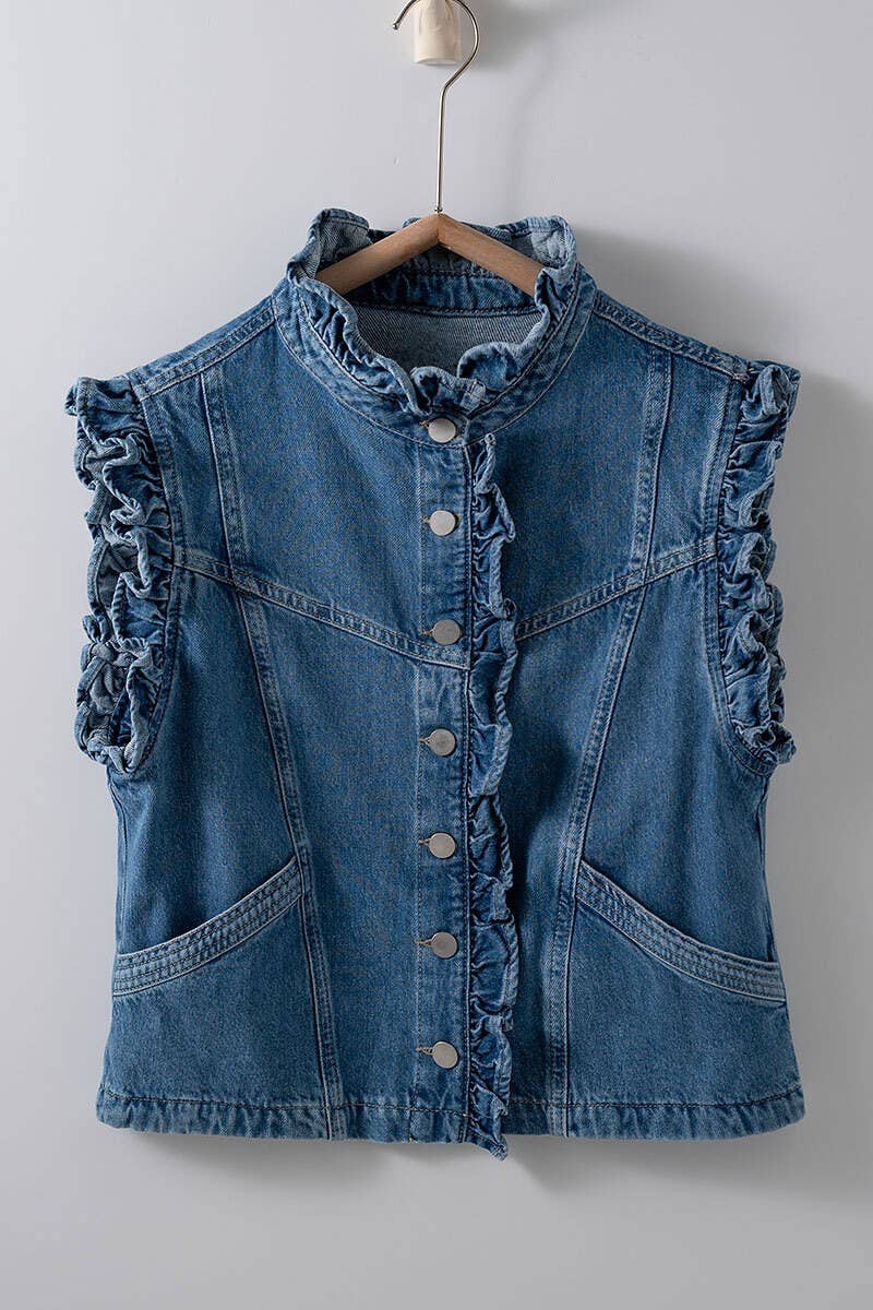 Victorian Muse Ruffle-Trim Denim Vest – High Collar Statement Layer - Pendo Store