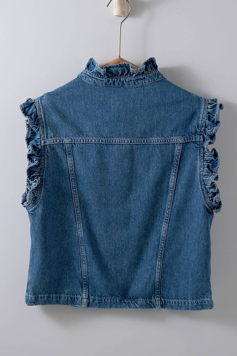 Victorian Muse Ruffle-Trim Denim Vest – High Collar Statement Layer - Pendo Store
