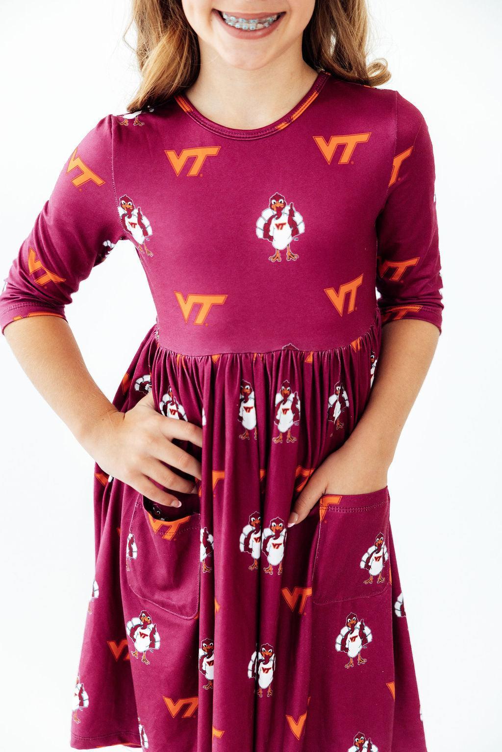 Virginia Tech Maroon Hokie 3/4 Sleeve Pocket Twirl Dress - Pendo Store