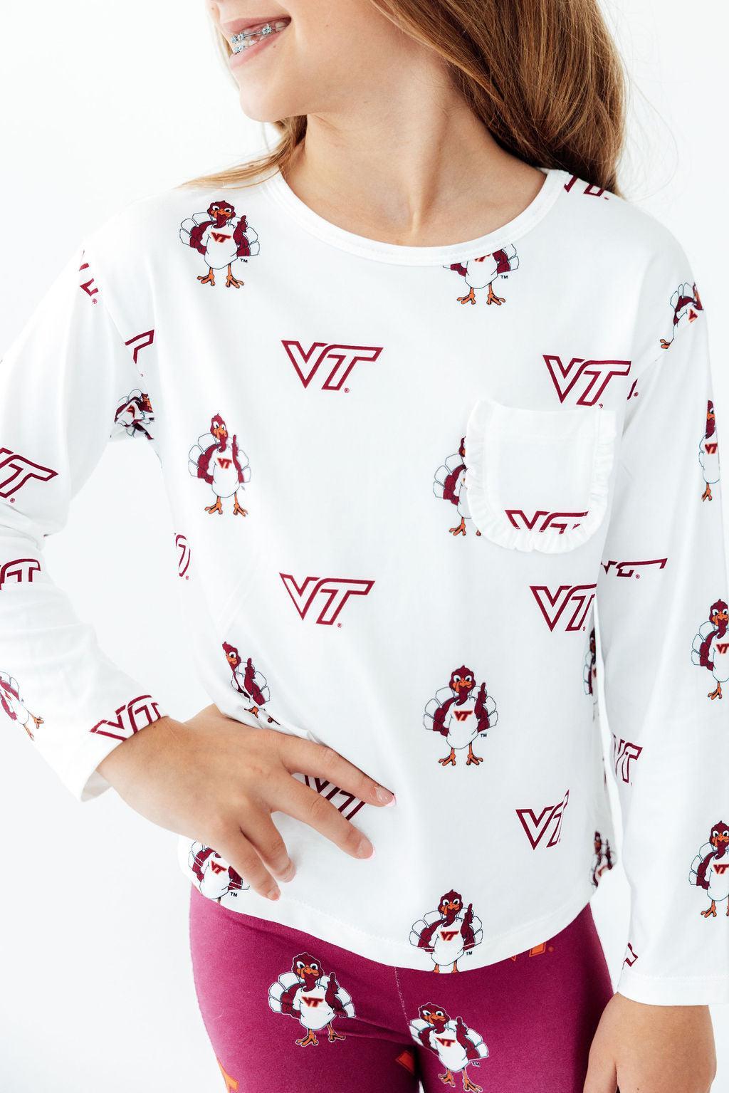 Virginia Tech White Hokie L/S Ruffle Pocket Tee - Pendo Store