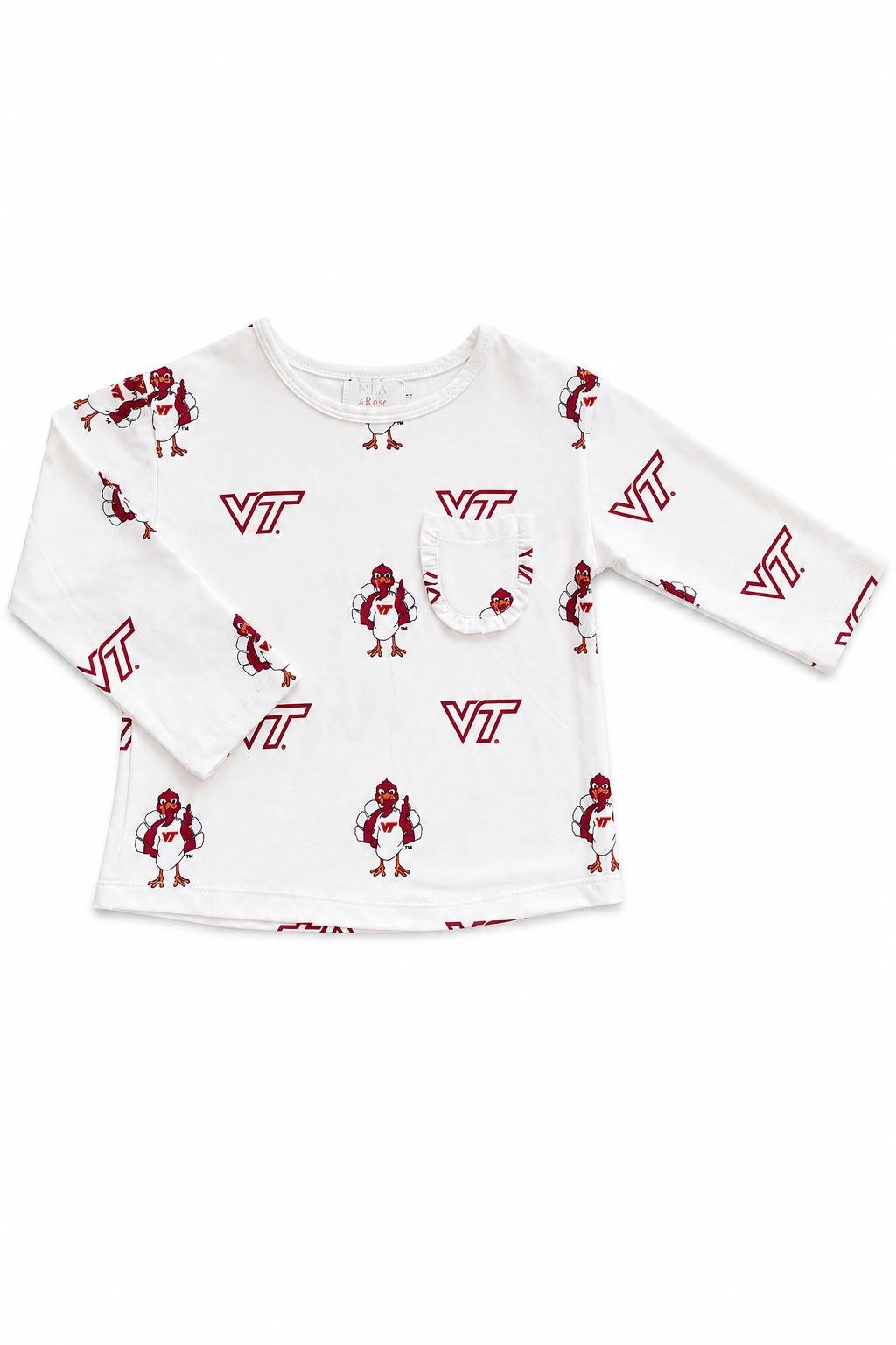 Virginia Tech White Hokie L/S Ruffle Pocket Tee - Pendo Store