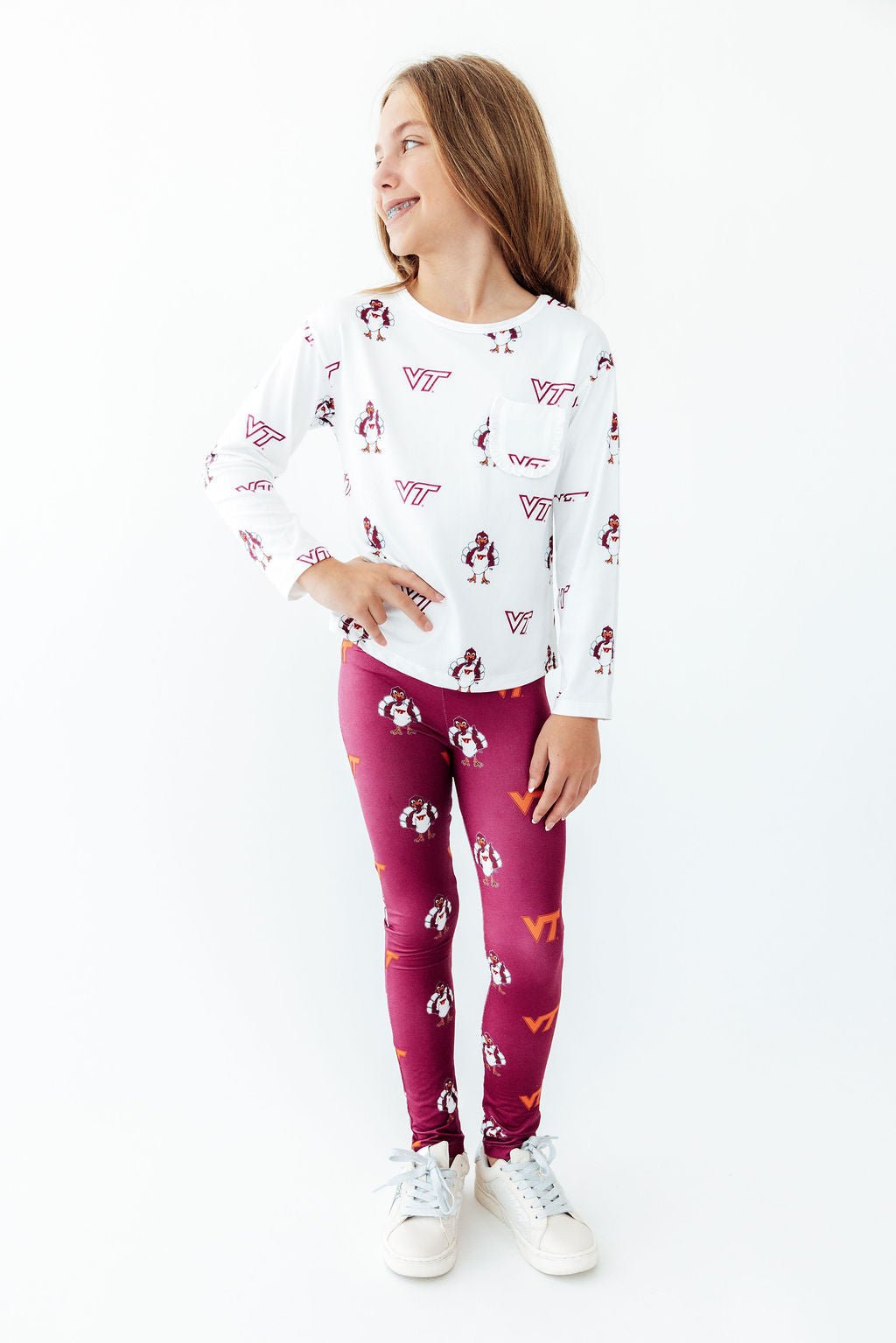 Virginia Tech White Hokie L/S Ruffle Pocket Tee - Pendo Store