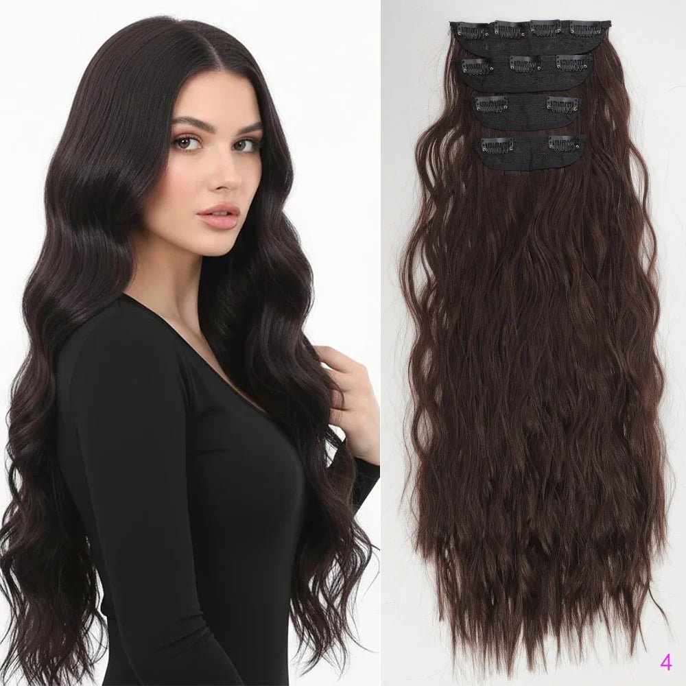 Voluminous Brown-Blonde Clip-In Extensions: 60.96 cm Wavy & Curly Synthetic Hair Set - Pendo Store