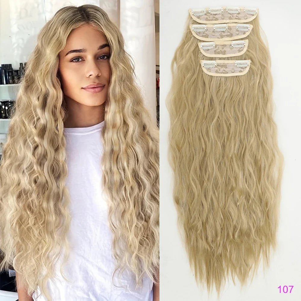 Voluminous Brown-Blonde Clip-In Extensions: 60.96 cm Wavy & Curly Synthetic Hair Set - Pendo Store