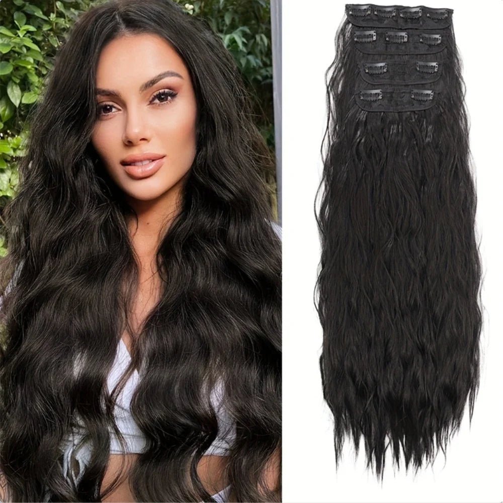 Voluminous Brown-Blonde Clip-In Extensions: 60.96 cm Wavy & Curly Synthetic Hair Set - Pendo Store