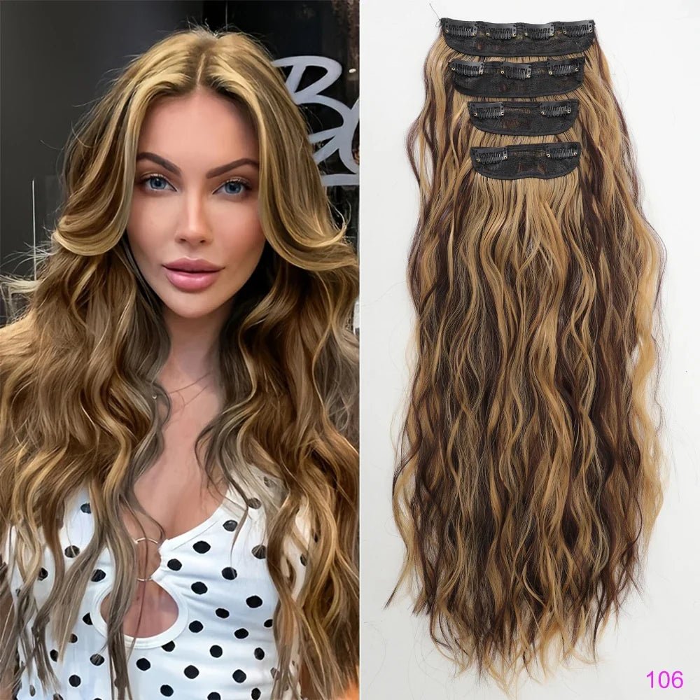 Voluminous Brown-Blonde Clip-In Extensions: 60.96 cm Wavy & Curly Synthetic Hair Set - Pendo Store