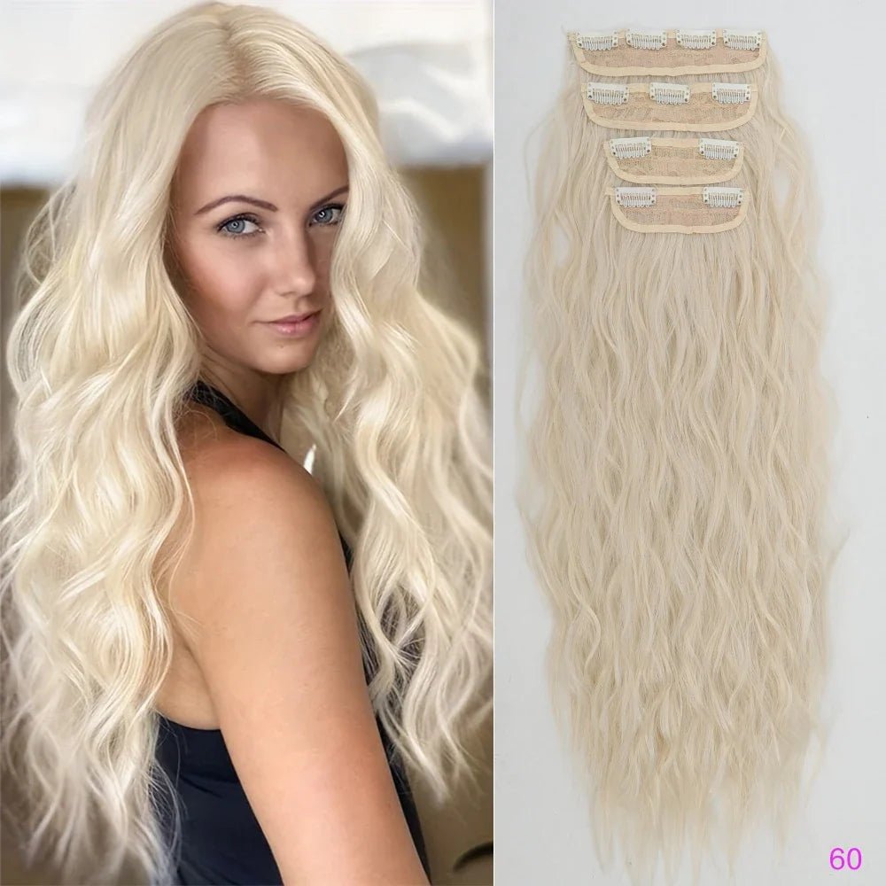 Voluminous Brown-Blonde Clip-In Extensions: 60.96 cm Wavy & Curly Synthetic Hair Set - Pendo Store