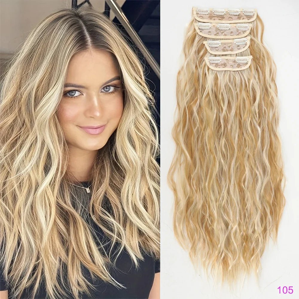 Voluminous Brown-Blonde Clip-In Extensions: 60.96 cm Wavy & Curly Synthetic Hair Set - Pendo Store