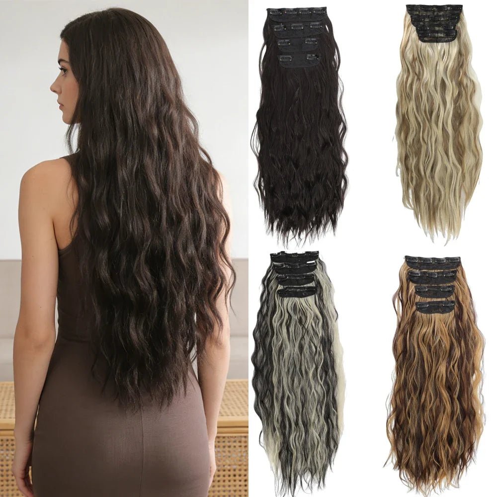 Voluminous Brown-Blonde Clip-In Extensions: 60.96 cm Wavy & Curly Synthetic Hair Set - Pendo Store