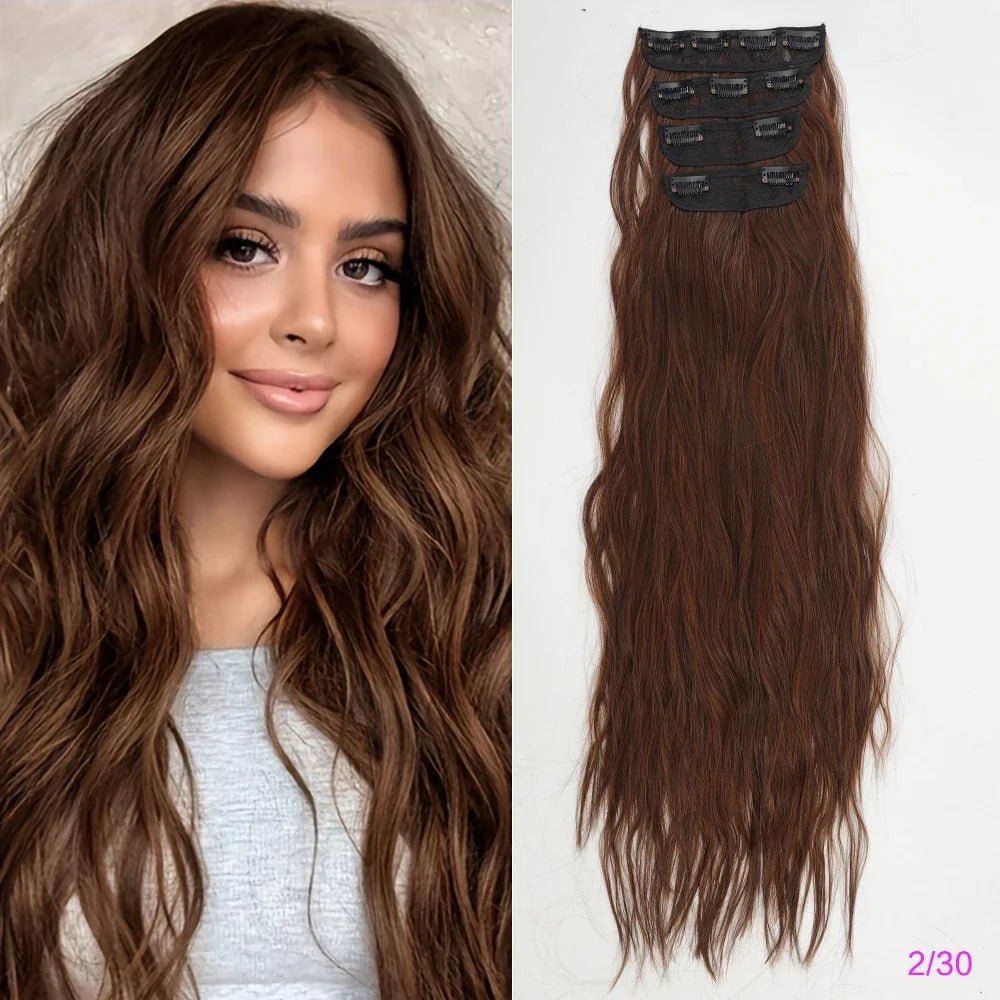 Voluminous Brown-Blonde Clip-In Extensions: 60.96 cm Wavy & Curly Synthetic Hair Set - Pendo Store