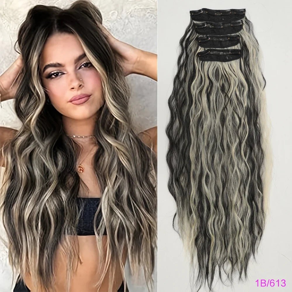 Voluminous Brown-Blonde Clip-In Extensions: 60.96 cm Wavy & Curly Synthetic Hair Set - Pendo Store