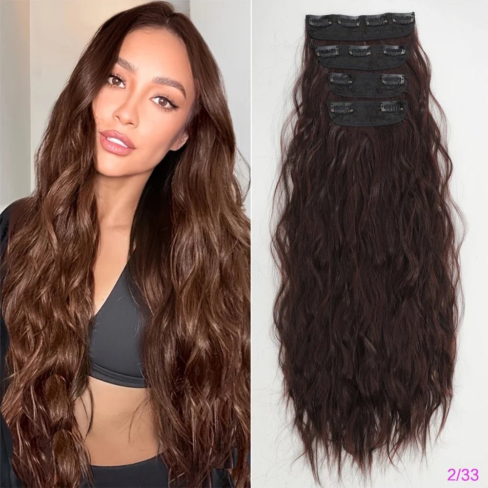 Voluminous Brown-Blonde Clip-In Extensions: 60.96 cm Wavy & Curly Synthetic Hair Set - Pendo Store