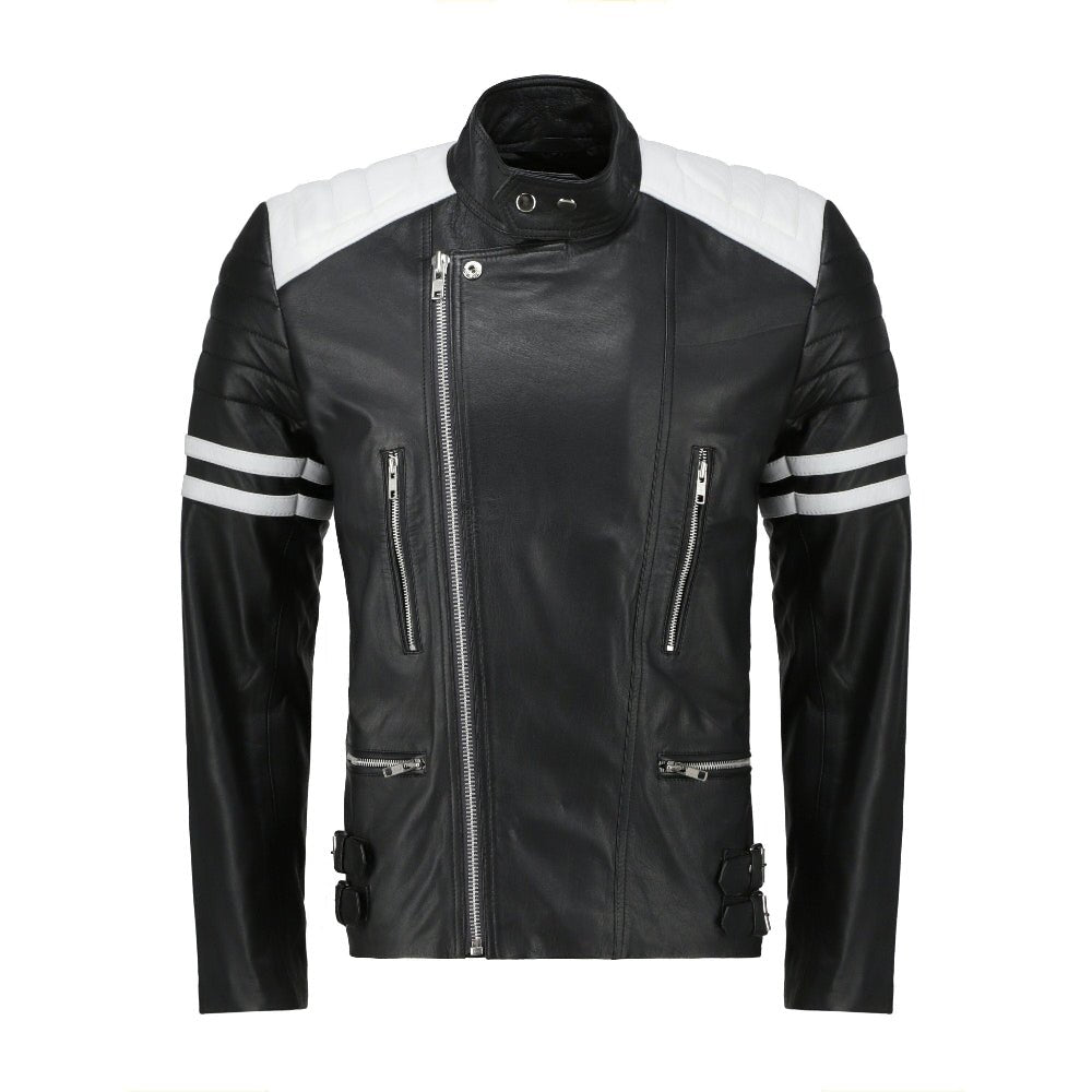 White and Black Biker Leather Jacket - Pendo Store