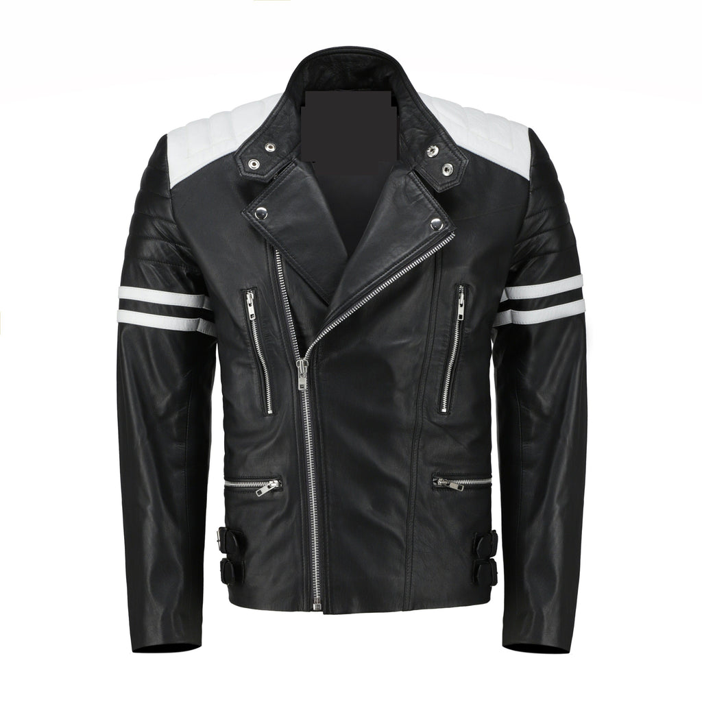 White and Black Biker Leather Jacket - Pendo Store