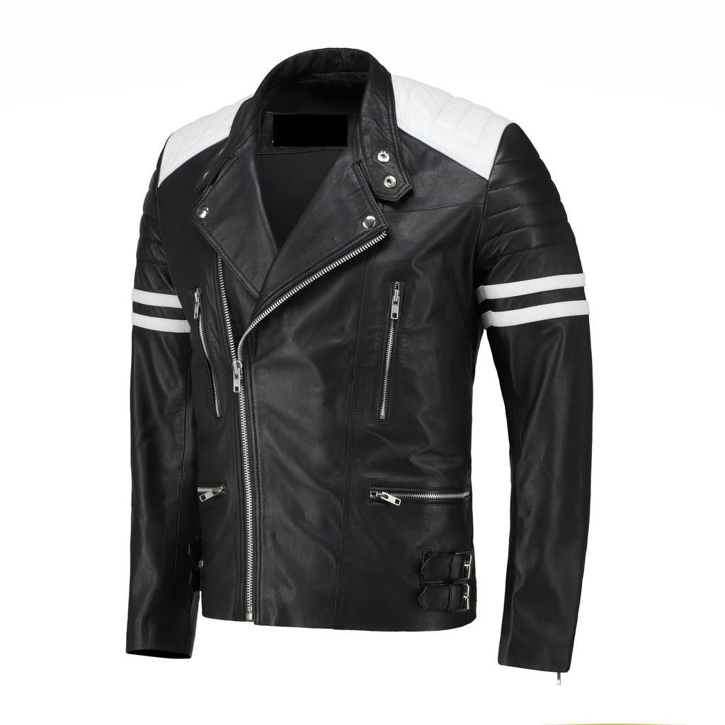 White and Black Biker Leather Jacket - Pendo Store