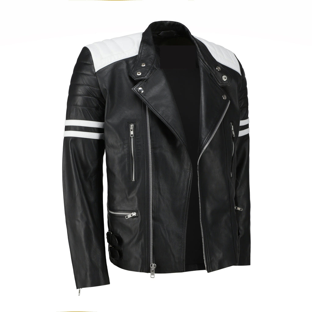 White and Black Biker Leather Jacket - Pendo Store