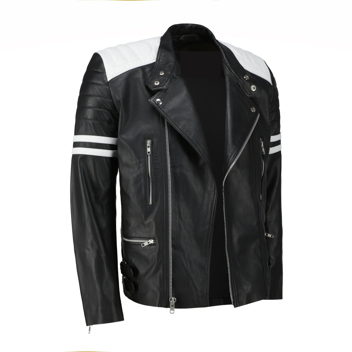 White and Black Biker Leather Jacket - Pendo Store