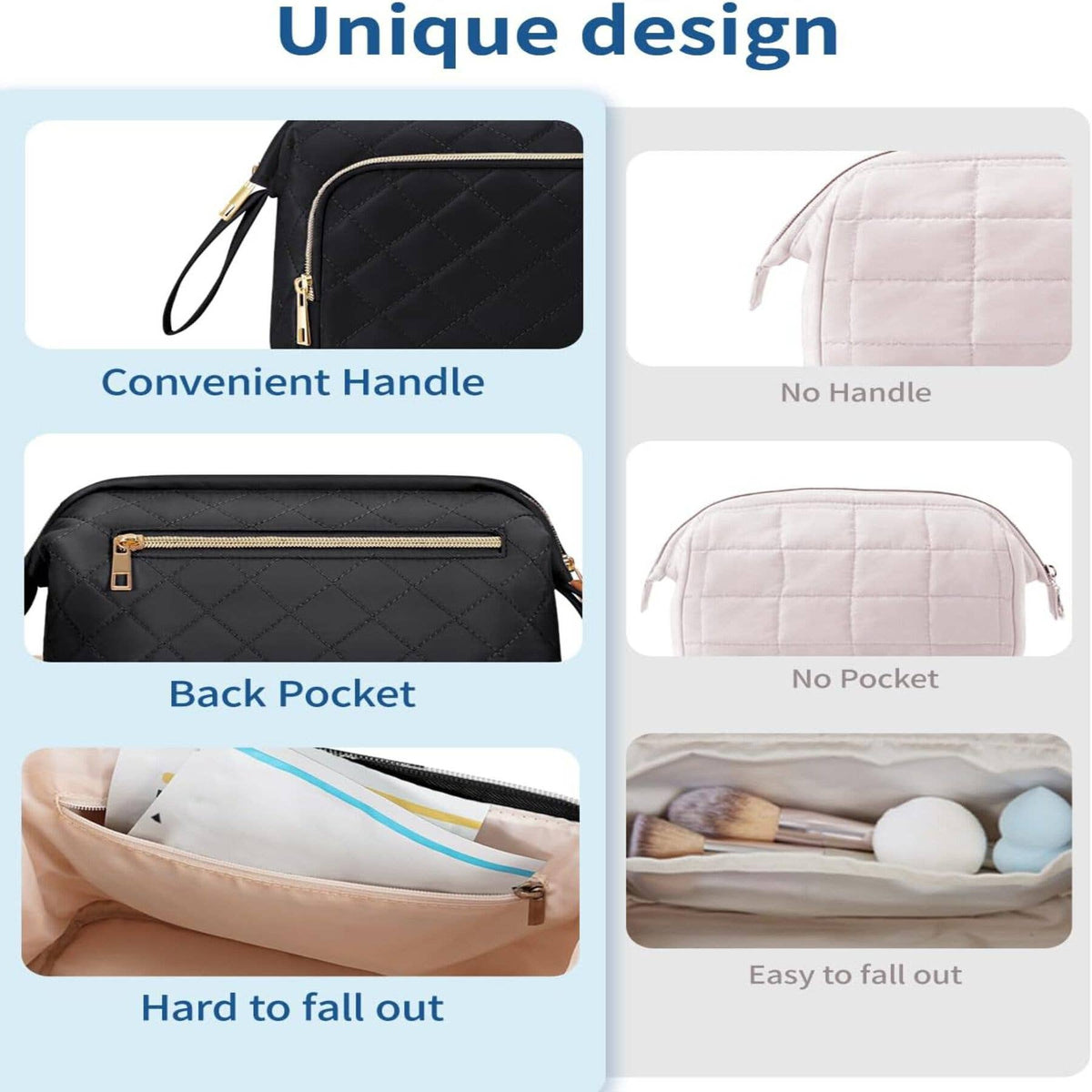 Wide-open Quilted Travel Makeup Organizer Bag with Handle: Black - Pendo Store