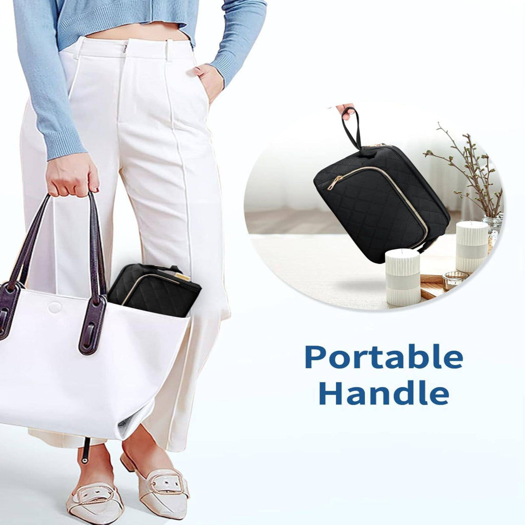 Wide-open Quilted Travel Makeup Organizer Bag with Handle: Black - Pendo Store