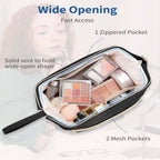 Wide-open Quilted Travel Makeup Organizer Bag with Handle: Black - Pendo Store