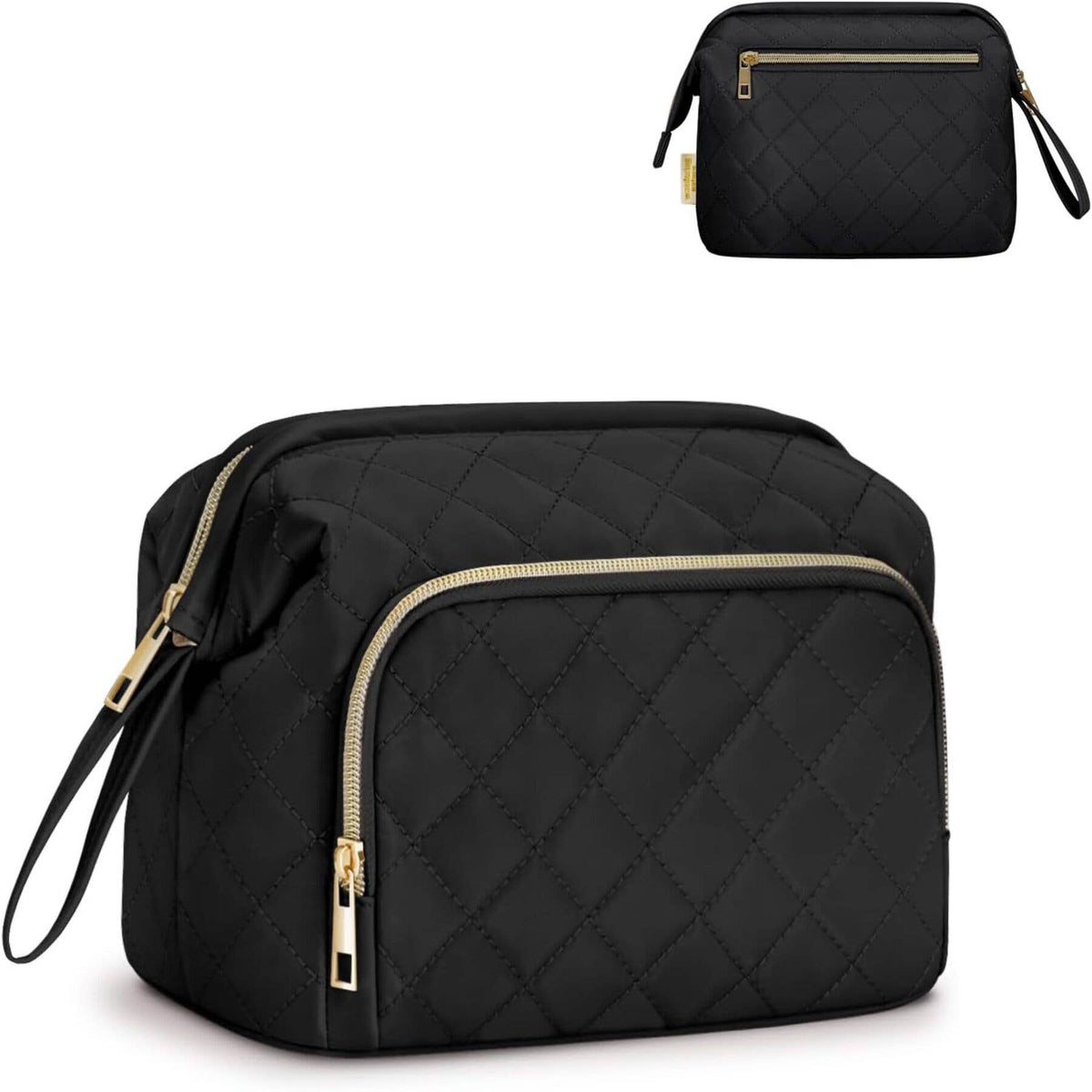 Wide-open Quilted Travel Makeup Organizer Bag with Handle: Black - Pendo Store