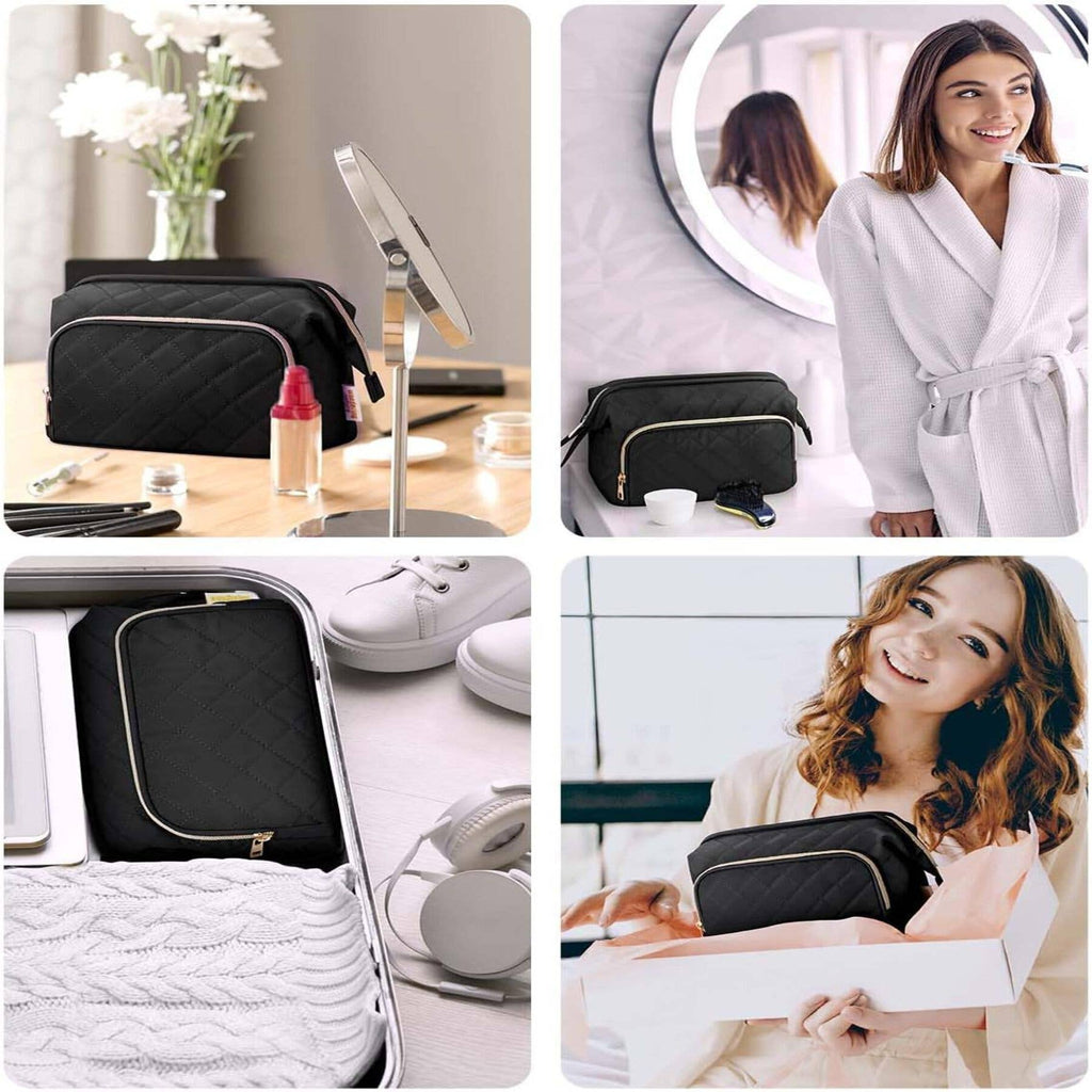 Wide-open Quilted Travel Makeup Organizer Bag with Handle: Black - Pendo Store