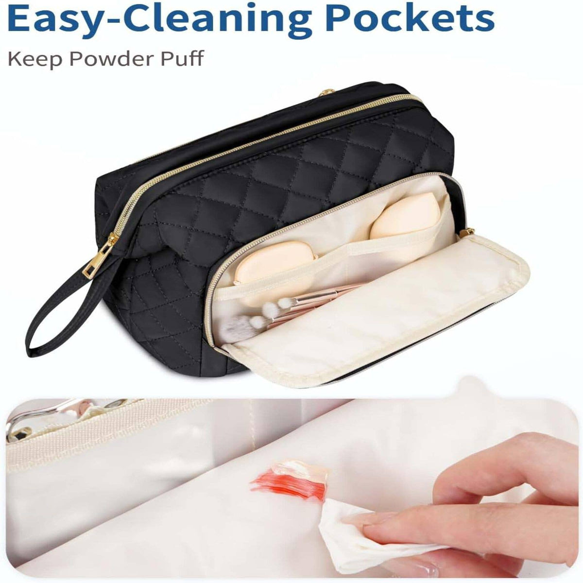 Wide-open Quilted Travel Makeup Organizer Bag with Handle: Black - Pendo Store