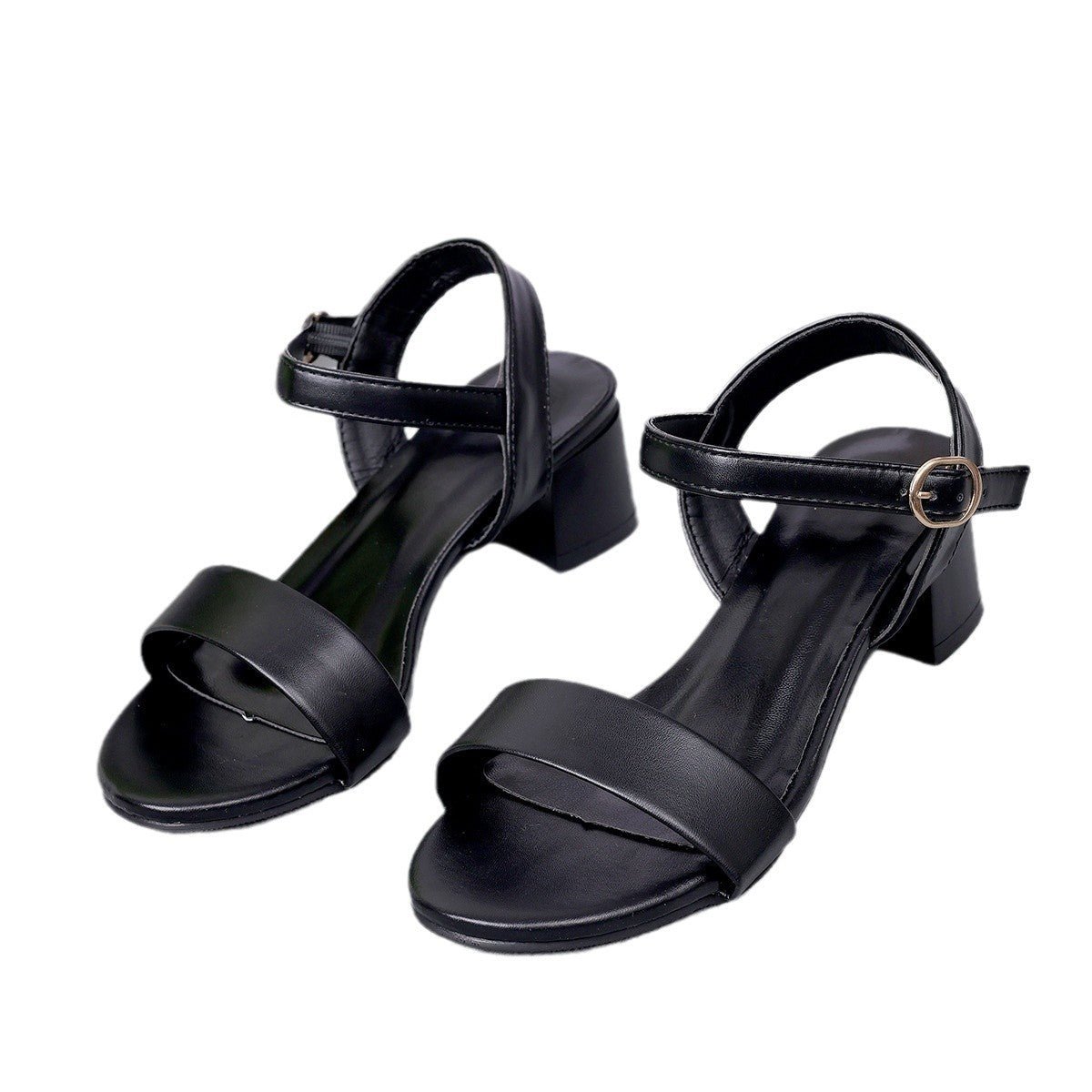 Women Genuine Leather Sandals Low Heel Buckle Strap Ladies Open Toe Black Decoration Summer Leather Open Toe And Ankle Strap Buckle Flat Sandals Casual Beach Shoes - Pendo Store