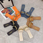 Women Sandals Design Gold Chain Closed Toe Slip On Mules Shoes Flat Heels Square Head Casual Slides Summer Slippers Open Toe Flat Sandals Metal Chain PU Leather Slides Shoes - Pendo Store