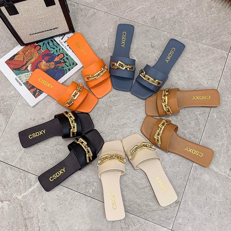 Women Sandals Design Gold Chain Closed Toe Slip On Mules Shoes Flat Heels Square Head Casual Slides Summer Slippers Open Toe Flat Sandals Metal Chain PU Leather Slides Shoes - Pendo Store