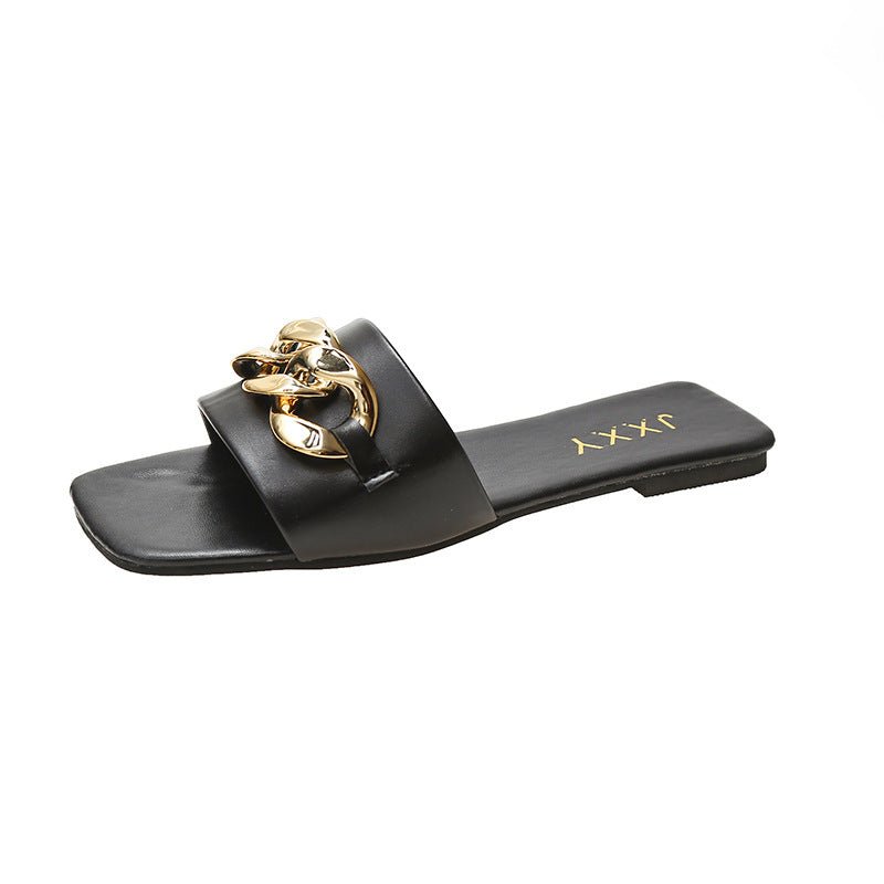 Women Sandals Design Gold Chain Closed Toe Slip On Mules Shoes Flat Heels Square Head Casual Slides Summer Slippers Open Toe Flat Sandals Metal Chain PU Leather Slides Shoes - Pendo Store