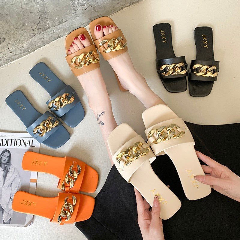 Women Sandals Design Gold Chain Closed Toe Slip On Mules Shoes Flat Heels Square Head Casual Slides Summer Slippers Open Toe Flat Sandals Metal Chain PU Leather Slides Shoes - Pendo Store