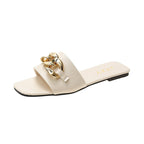 Women Sandals Design Gold Chain Closed Toe Slip On Mules Shoes Flat Heels Square Head Casual Slides Summer Slippers Open Toe Flat Sandals Metal Chain PU Leather Slides Shoes - Pendo Store