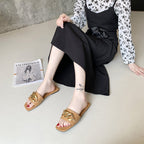 Women Sandals Design Gold Chain Closed Toe Slip On Mules Shoes Flat Heels Square Head Casual Slides Summer Slippers Open Toe Flat Sandals Metal Chain PU Leather Slides Shoes - Pendo Store
