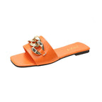 Women Sandals Design Gold Chain Closed Toe Slip On Mules Shoes Flat Heels Square Head Casual Slides Summer Slippers Open Toe Flat Sandals Metal Chain PU Leather Slides Shoes - Pendo Store