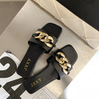 Women Sandals Design Gold Chain Closed Toe Slip On Mules Shoes Flat Heels Square Head Casual Slides Summer Slippers Open Toe Flat Sandals Metal Chain PU Leather Slides Shoes - Pendo Store