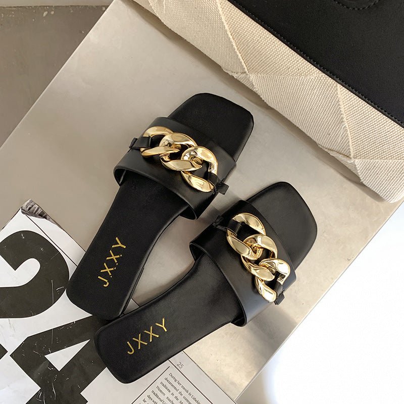 Women Sandals Design Gold Chain Closed Toe Slip On Mules Shoes Flat Heels Square Head Casual Slides Summer Slippers Open Toe Flat Sandals Metal Chain PU Leather Slides Shoes - Pendo Store